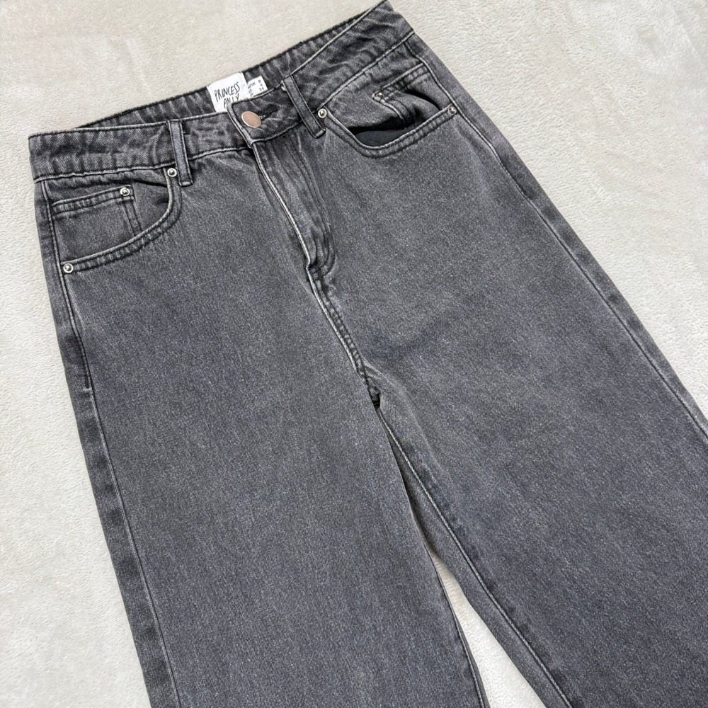 Princess Polly Jeans Womens 4 High Rise Wide Leg Split Hem Faded Black Denim Y2K